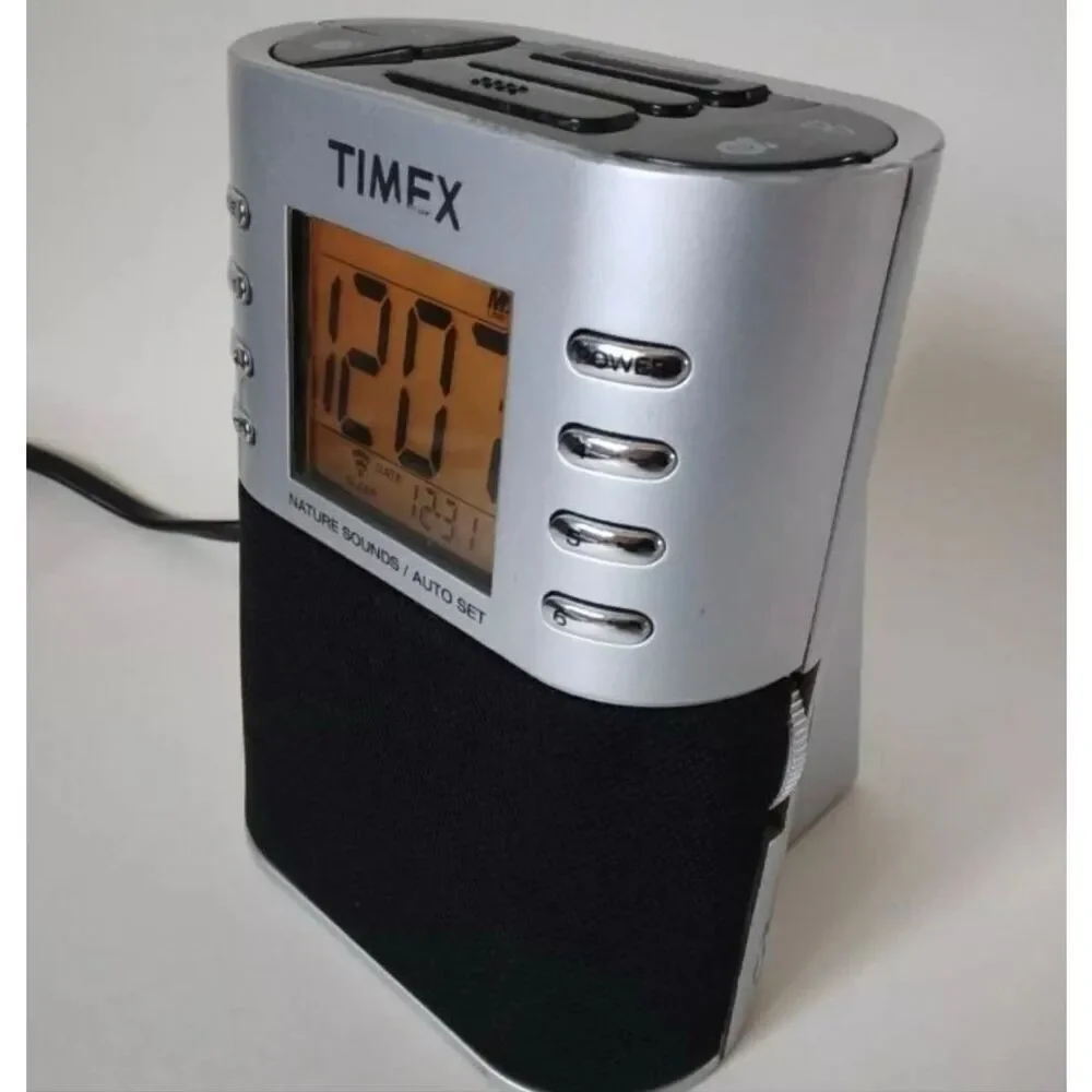 Timex Tuning Clock Radio With MP3 Line & Nature Sounds Silver Black Alarm